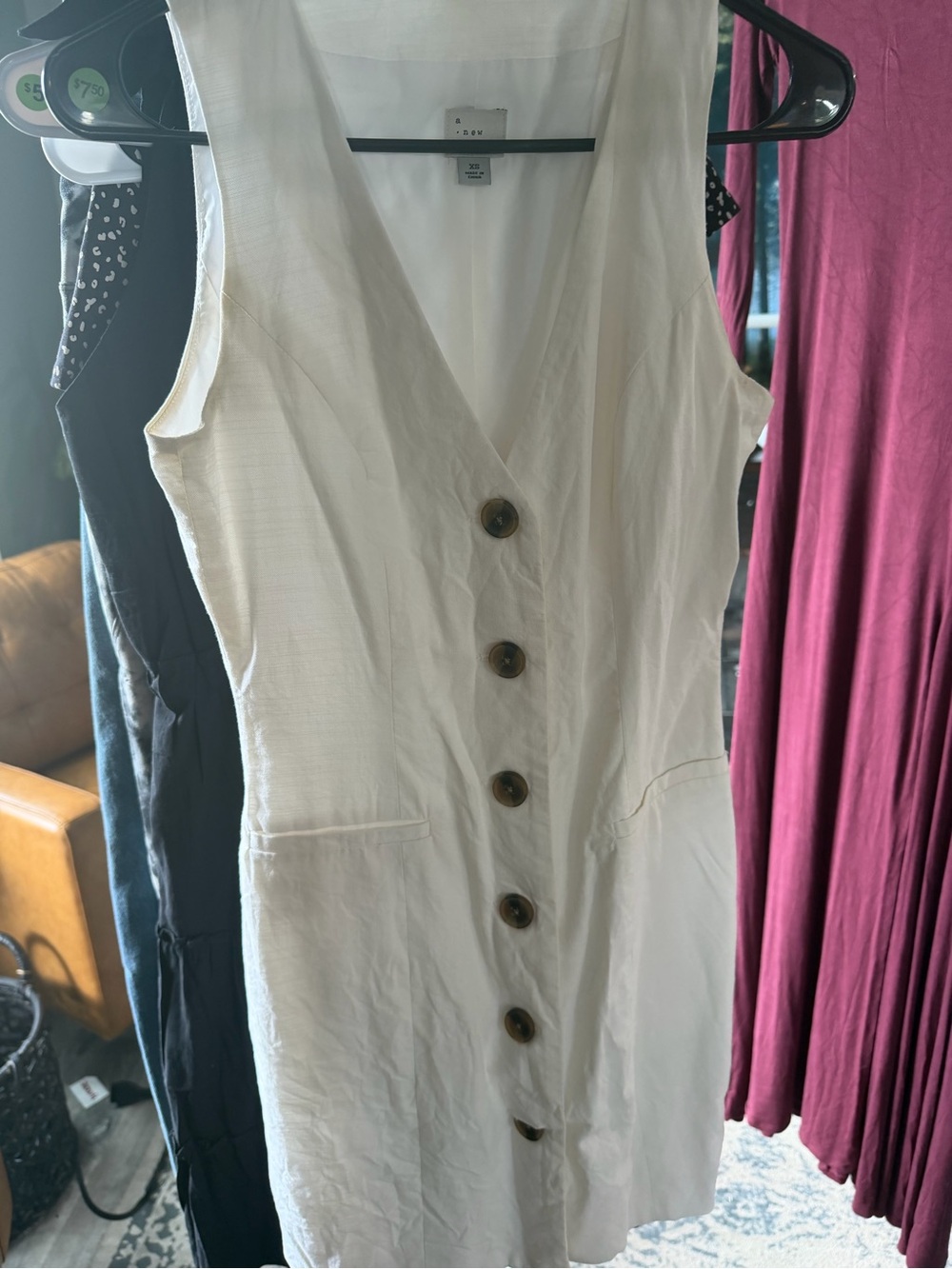 Sleeveless Button-Front V-Neck Dress white